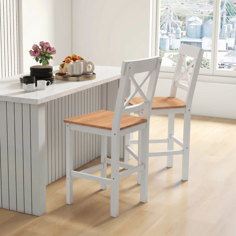 HOMCOM Lot de 2 tabourets de bar, chaises hautes campagne, dossier haut et repose-pieds, 41x46x97,5cm, blanc et bois naturel