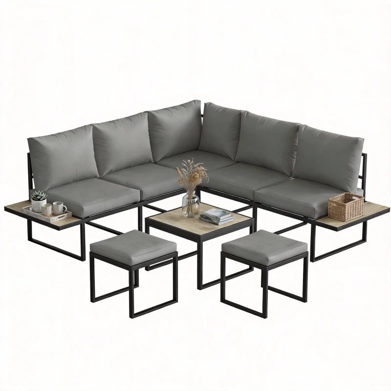 Outsunny Salon de jardin extérieur 6 personnes modulable table basse et plateaux latéraux en bois PSPC coussins épais 10cm gris