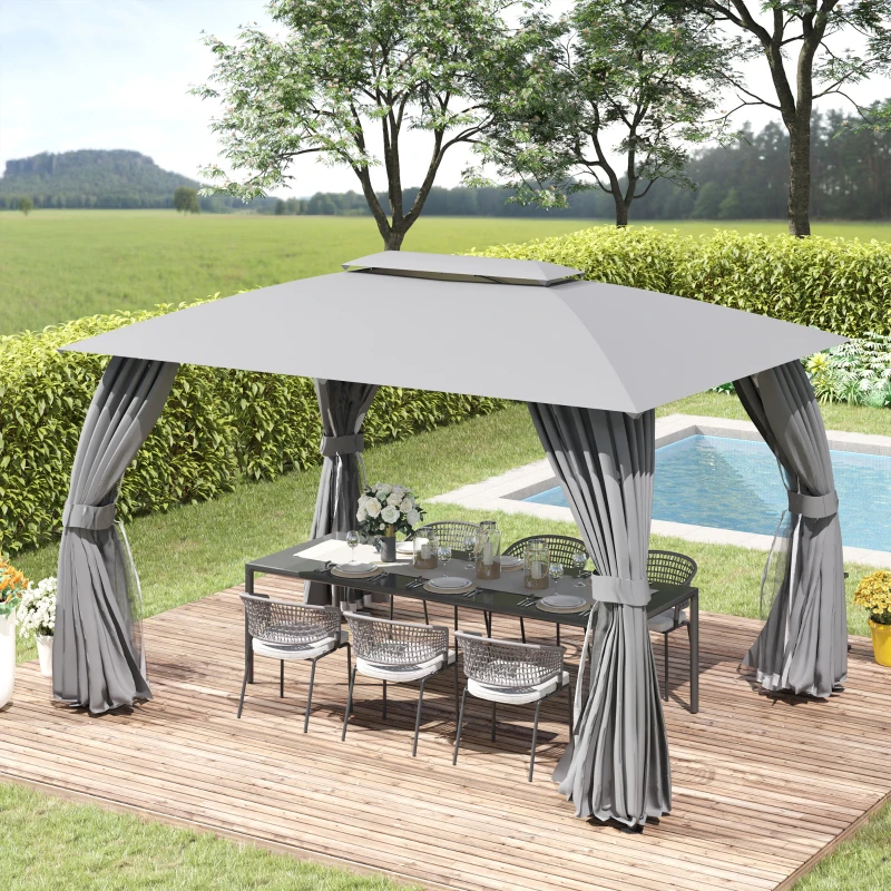 Outsunny Gazebo da Giardino 4x3m con Doppio Tettuccio, Pareti in Poliestere e Struttura in Acciaio, Grigio