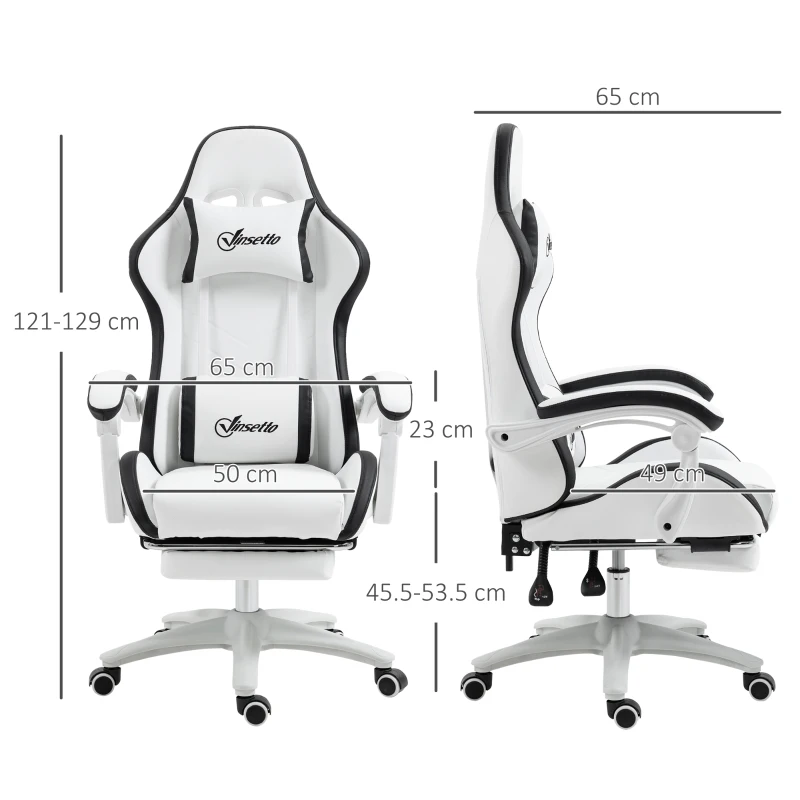 Vinsetto Sedia da Gaming con Altezza Regolabile e Schienale Reclinabile, 65x65x121-129 cm, Bianco e Nero