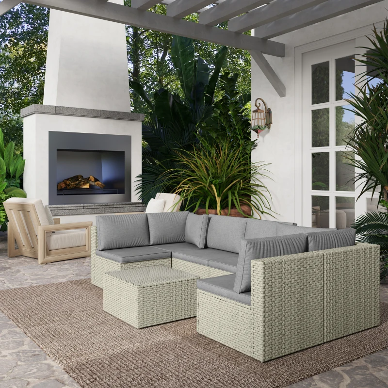 Outsunny Salon de jardin extérieur modulable 6 personnes en résine tressée avec canapés et table basse en verre trempé, marron