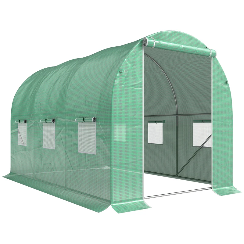 Outsunny Serre de Jardin Tunnel Surface Sol 6 m² 3L x 2l x 2H m acier Porte zippée 6 fenêtres enroulables Vert