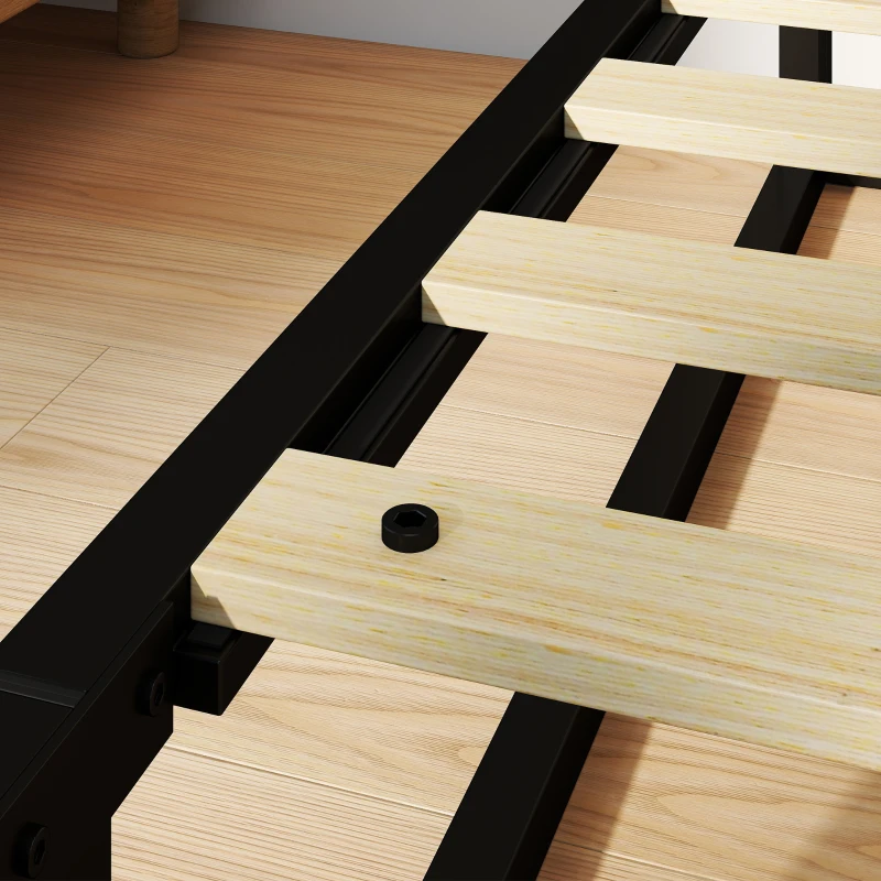 HOMCOM Estructura de Cama 140 x 190 cm con Somier, Cama Doble con Bolsillo de Almacenamiento, Soporte de Lamas de Madera, Negro