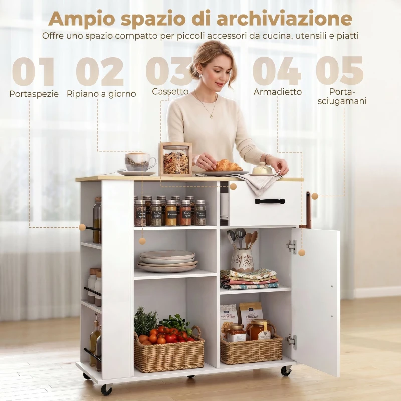 HOMCOM Mobile Cucina con Cassetto, Armadietto e Ripiano Regolabile, Bianco