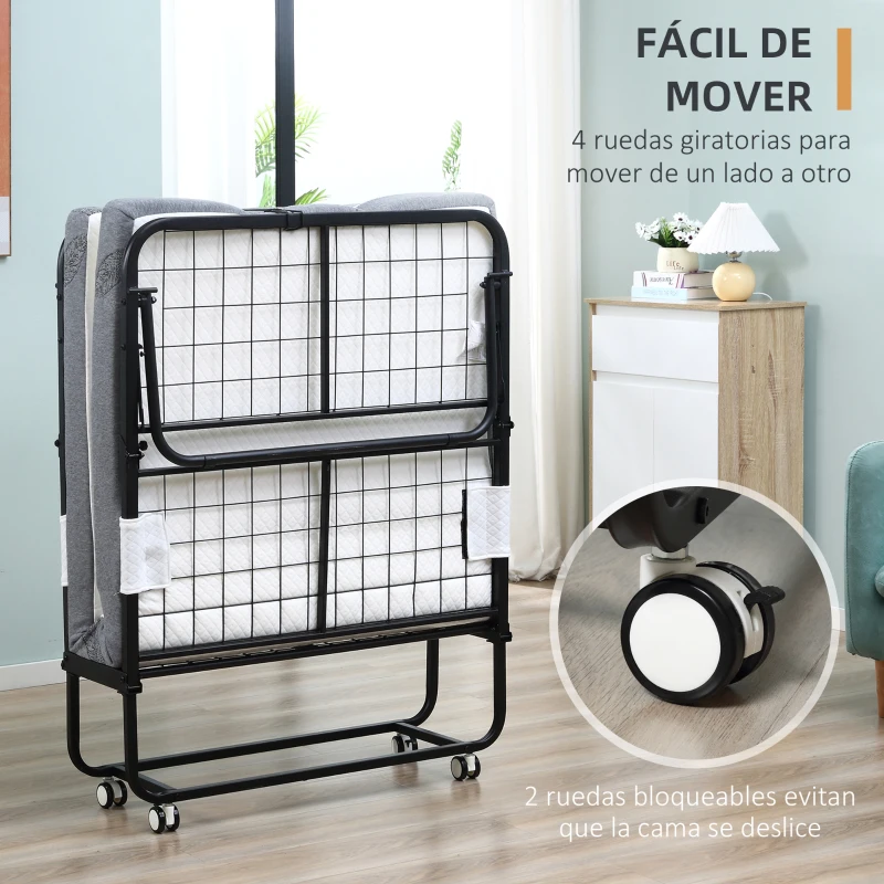 HOMCOM Cama Plegable 200x90 cm con 4 Ruedas, Cama de Camping Portátil, con Colchón Individual de 10 cm, Marco de Acero, Carga 150 kg, para Dormitorio, Salón, Oficina, Blanco