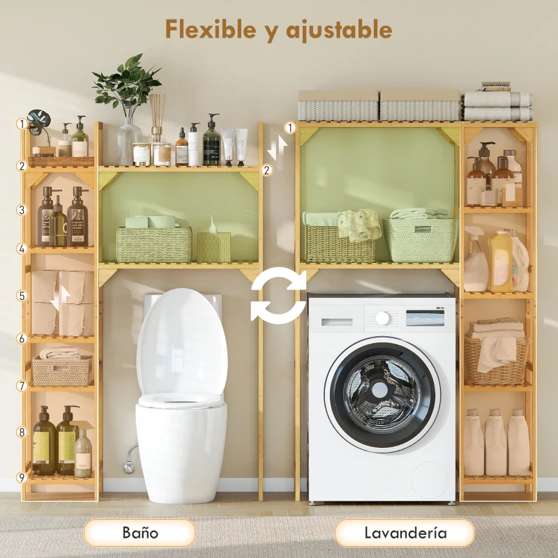 HOMCOM Estantería para Lavadora de Bambú Mueble para Lavadora o Inodoro con Estantes Reversibles y Ajustables Madera Natural