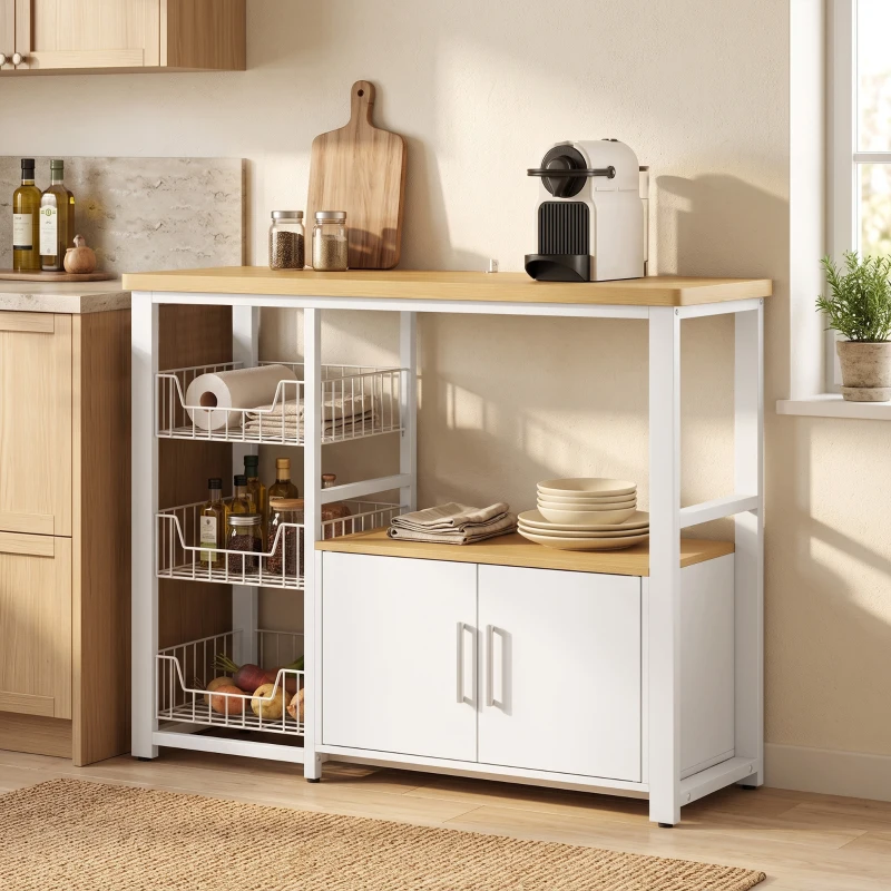 HOMCOM Etajeră de depozitare pentru bucătărie cu coșuri glisante și dulap, suport pentru cuptor cu microunde, 100 x 35 x 80 cm, alb