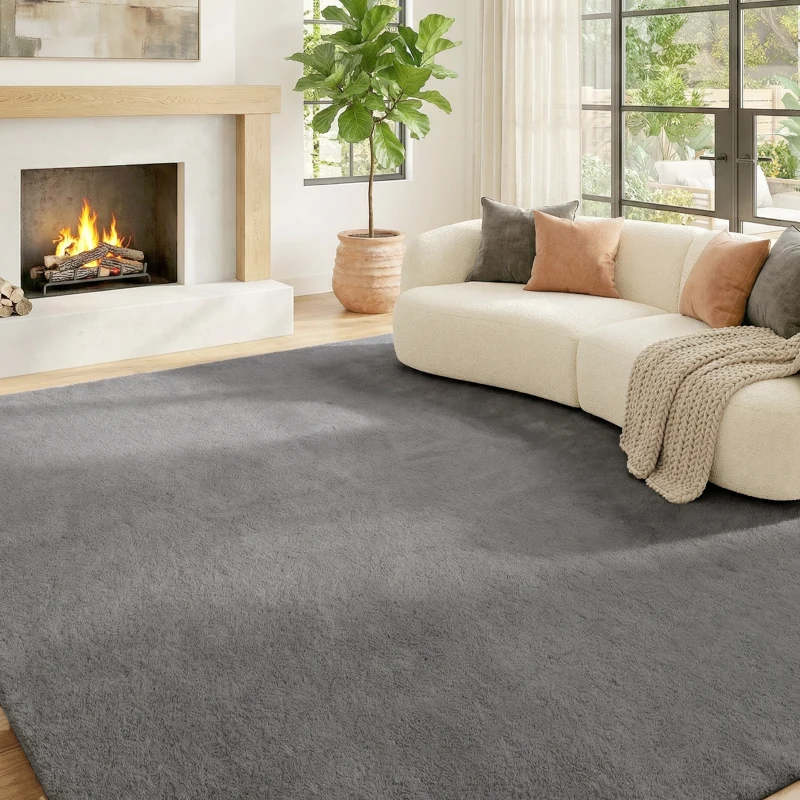 HOMCOM Tapis salon 160 x 120 cm tapis à poils longs, lavable en machine, antidérapant, en fausse fourrure, gris clair