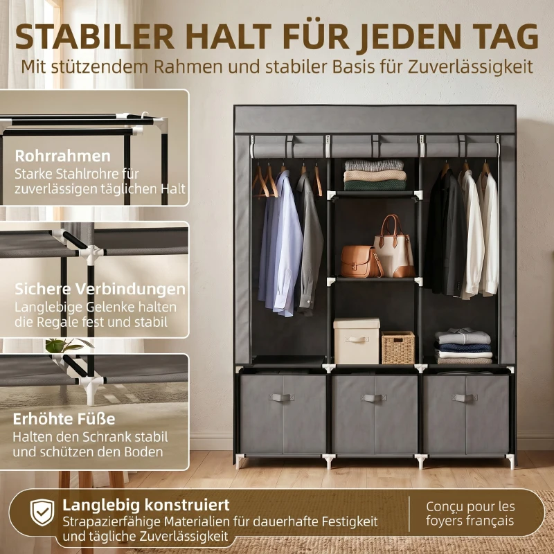 HOMCOM Armoire de rangement en tissu pliable avec 5 étagères, 2 tringles et 3 tiroirs en tissu 125L x 43l x 162.5H cm