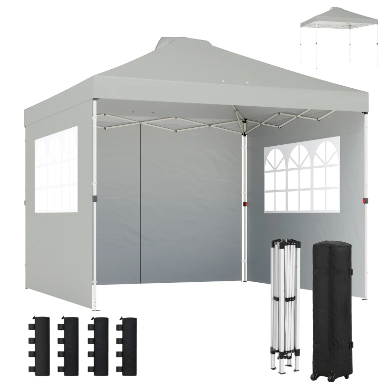 Outsunny Pavillon ca. 3x3 m Wasserdicht Höhenverstellbar Pop-up Faltpavillon mit 3 Seitenwänden Fenster Lüftung, UV 50+ Hellgrau