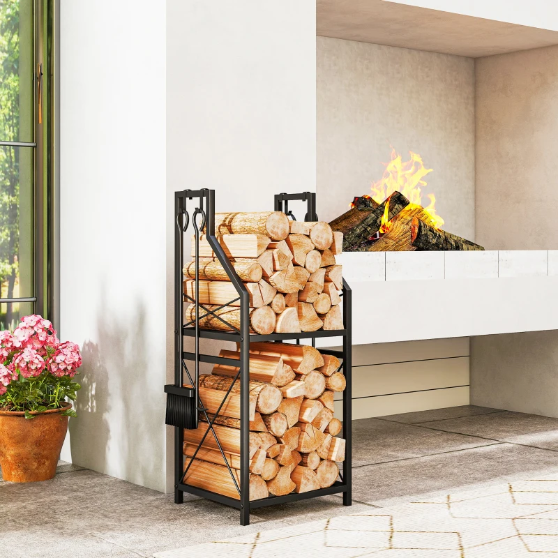 Outsunny Estante de Leña Metálico de Chimenea Soporte para Leña de 2 Niveles con 4 Herramientas Ganchos 34x30x80 cm Negro