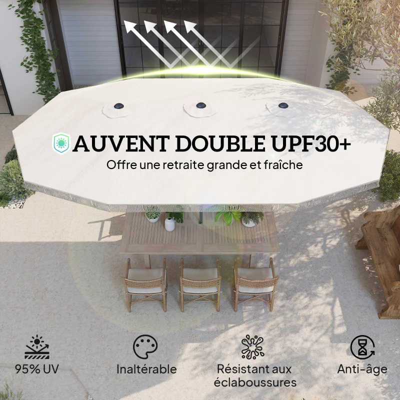 Outsunny Parasol de jardin double rectangulaire 4,5 x 2,65 x 2,6 m avec ouverture fermeture manivelle, toile 180 g/m², crème