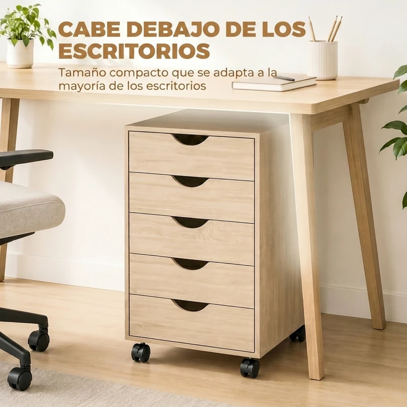 HOMCOM Cajonera Oficina con Ruedas y 5 Cajones Archivador Móvil, para Estudio Salón 40x40x67 cm Roble