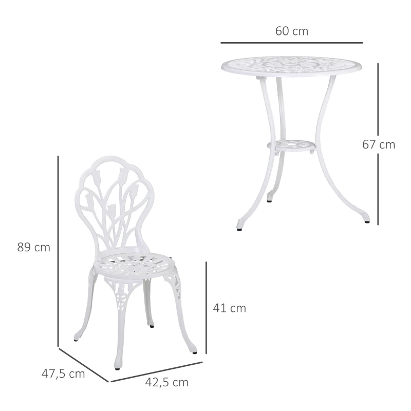 Outsunny Set da Giardino 3 Pezzi in Alluminio con 2 Sedie 42.5x47.5x89 cm e Tavolino Rotondo Ø60x67 cm, Bianco