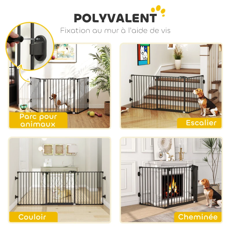 PawHut Barriere de securite chien pliable avec porte en acier 3 panneaux modulable fermeture automatique 202,5 x 2 x 76 cm noir