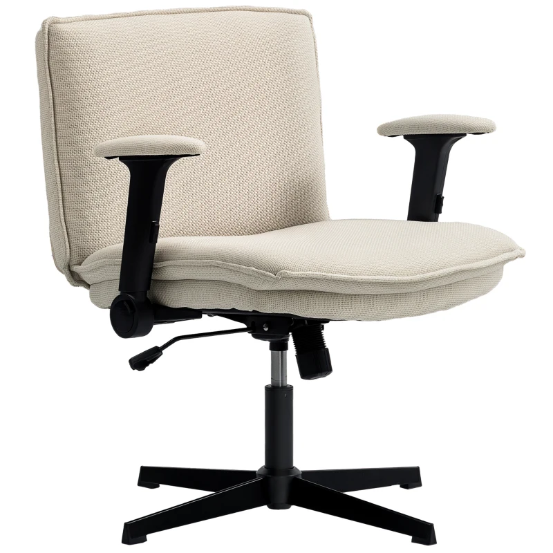 HOMCOM Silla de Oficina Piernas Cruzadas con Reposabrazos Abatible Asiento Ancho sin Ruedas Altura Ajustable Giratoria Crema