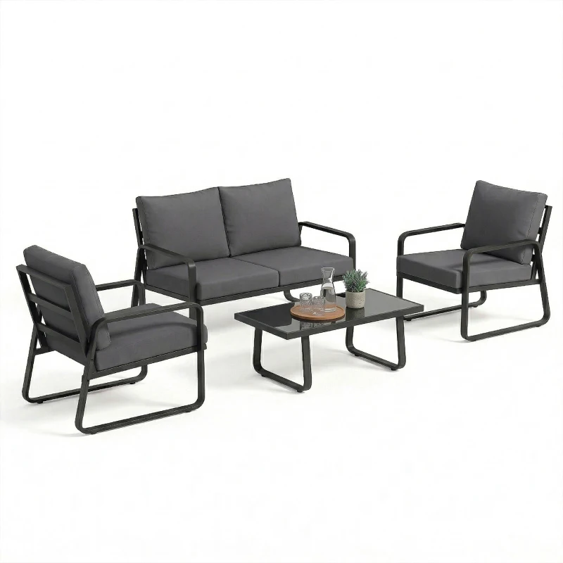 Outsunny Salon de Jardin 4 Pièces avec Coussins Déhoussables Très Épais 10cm Table Basse en Verre Trempé Noir