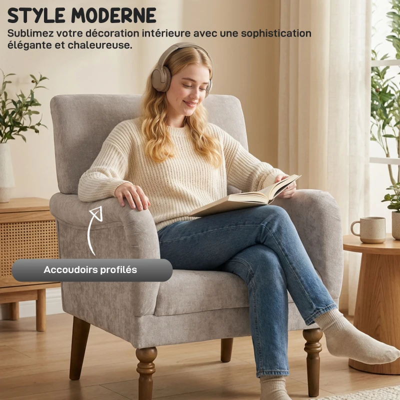HOMCOM Fauteuil de salon, canapé 1 place avec dossier haut, accoudoirs, assise large, pieds en bois d'hévéa, tissu en lin, gris