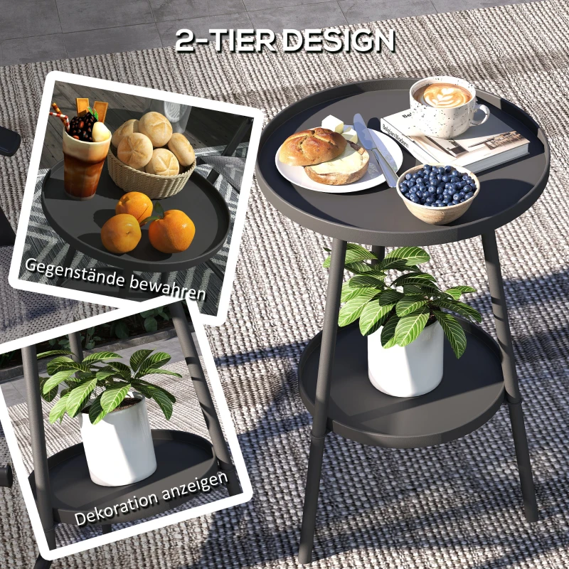 Outsunny Beistelltisch Garten Zweistufig Gartentisch mit erhöhten Kanten runder Balkontisch Ø32 x 51H cm