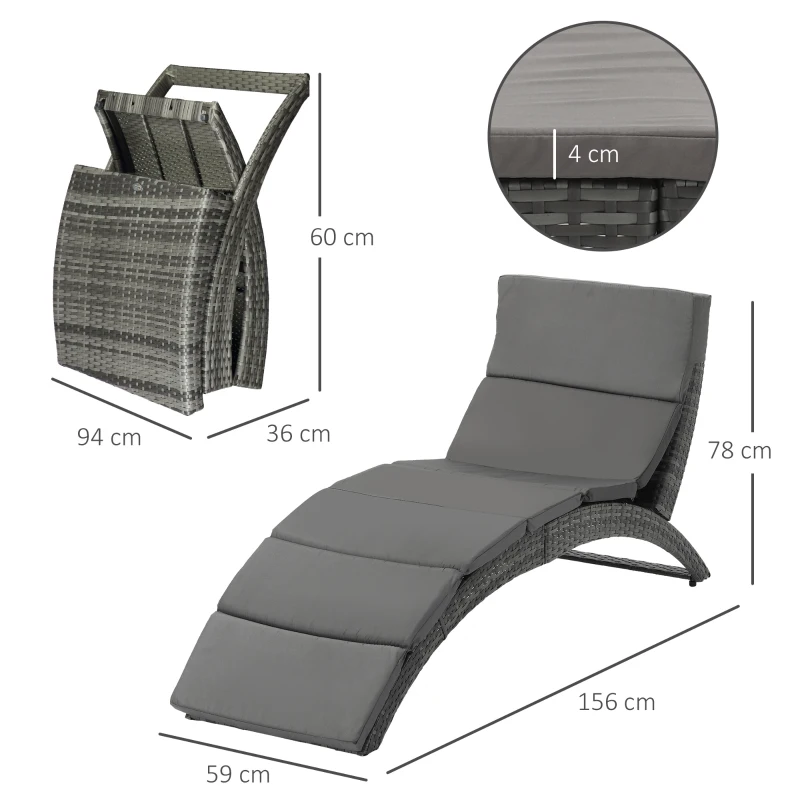 Outsunny Folding Sun Lounger, PE Rattan Garden Lounger Chair with Soft Padded Cushion, Ergonomic Curved Design Sun Bed for Balcony, Garden, Grey