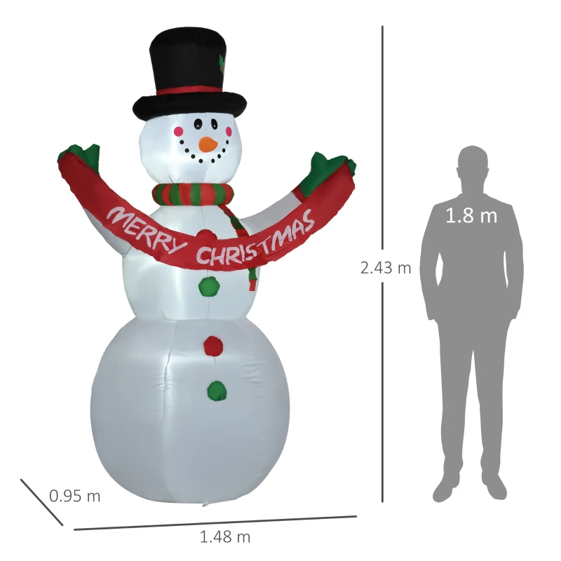 HOMCOM Pupazzo di Neve Gonfiabile Gigante Alto 243cm con Luci a LED Decorazione da Esterno o Giardino