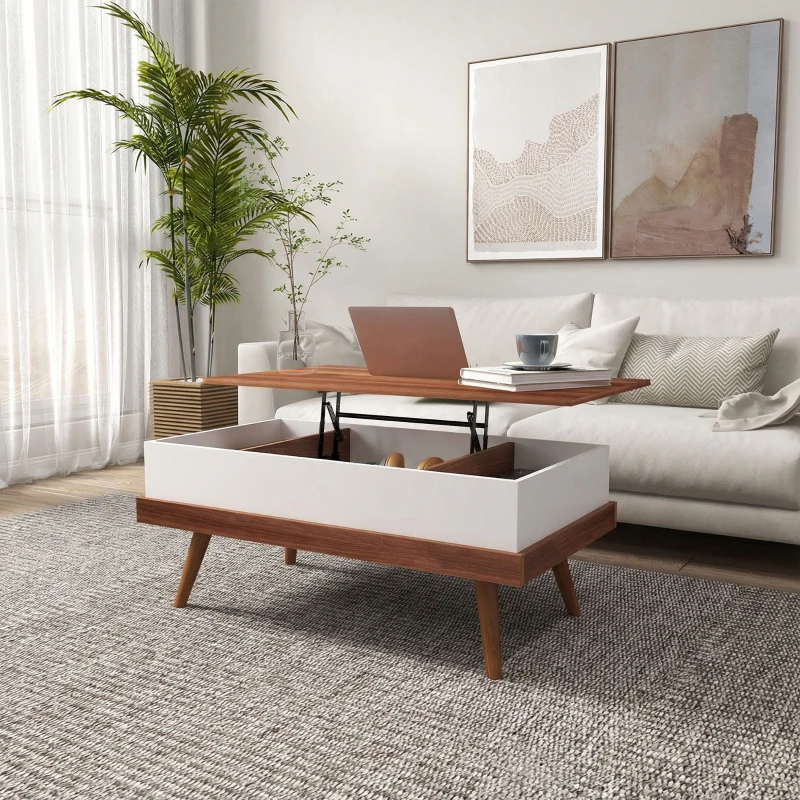 HOMCOM Mesa de Centro Elevable con 3 Compartimientos de Almacenaje Ocultos y Patas de Madera 100x79x54 cm Marrón y Negro