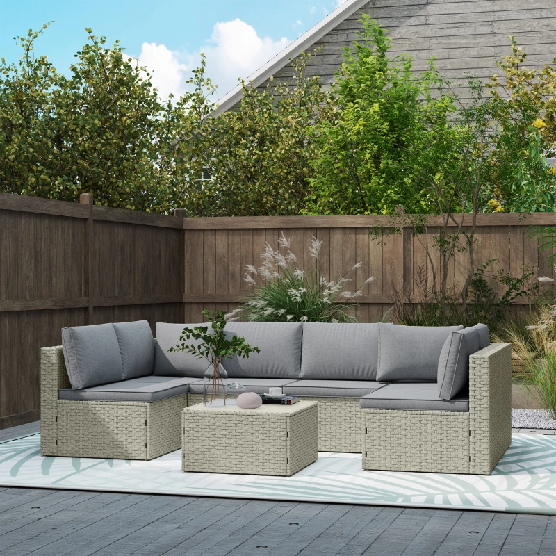 Outsunny Salon de jardin extérieur modulable 6 personnes en résine tressée avec canapés et table basse en verre trempé, marron