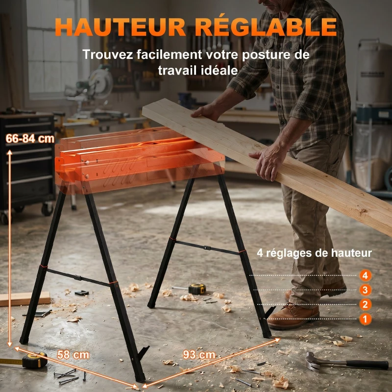 HOMCOM Lot de 2 Tréteaux Pliables en Métal, Charge Max. 500 kg, Tréteaux Portables, Hauteur Réglable 71-85,5cm, Orange