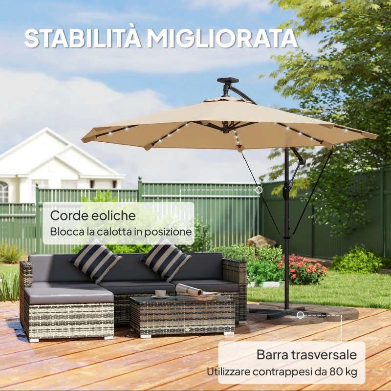Outsunny Ombrellone a Sbalzo con 32 Luci LED Solari e Manovella, in Metallo e Poliestere, 330x295x245 cm, color Cachi