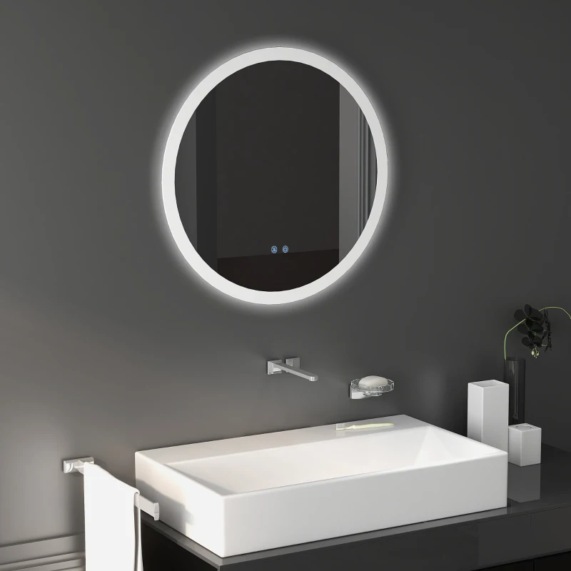 kleankin Espejo de Baño Redondo con Luces LED Ø60x3 cm Espejo Antivaho 3 Luces de Colores Función de Memoria Interruptor Táctil
