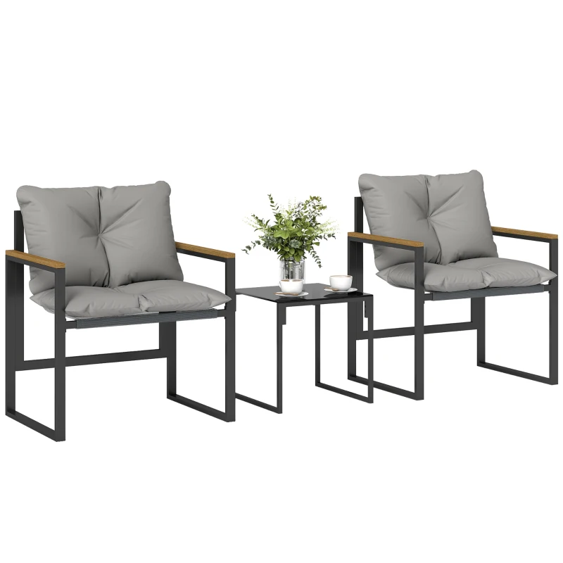 Outsunny Salon de jardin 3 pièces 2 places avec 2 fauteuils 1 table basse, plateau en verre trempé et coussins, gris