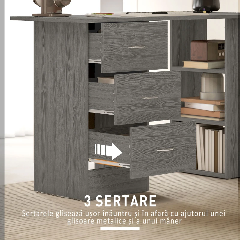 HOMCOM Birou pentru PC cu 3 Sertare și 3 Rafturi, Birou pentru Cameră și Birou din MDF 120x49x72 cm, Gri