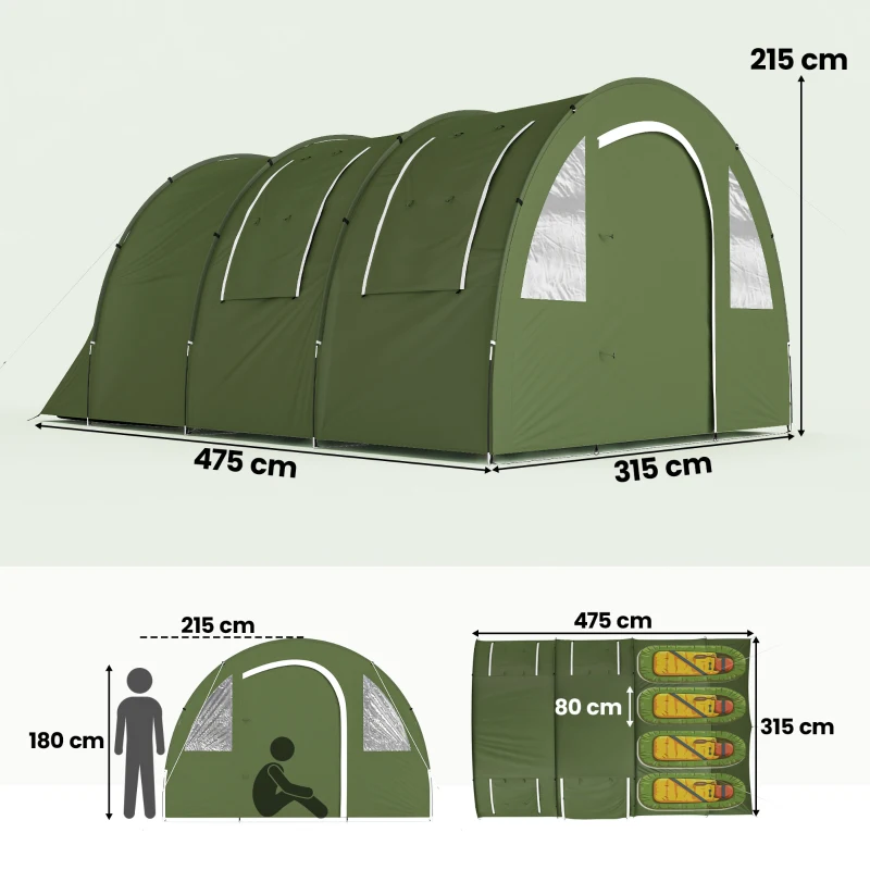 Outsunny 4 Man Camping Tent with 2 Room, Floor and Carry Bag - Green
