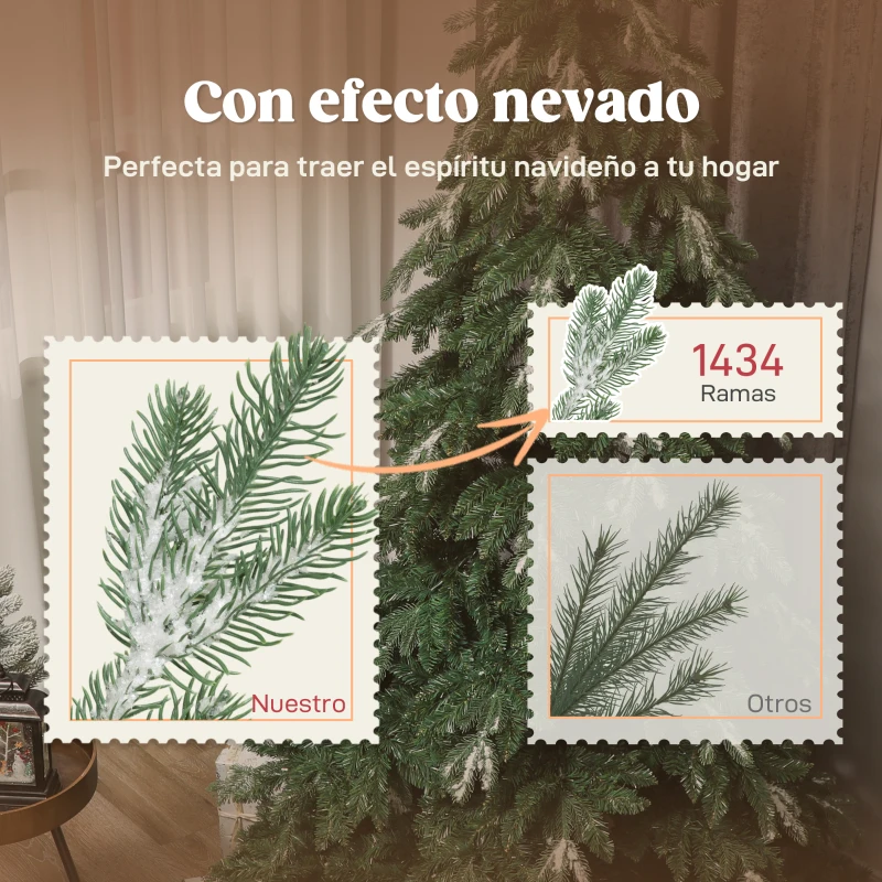 HOMCOM Árbol de Navidad Artificial 210 cm Ramas Realistas con Efecto Nieve Soporte de Acero Base Plegable Montaje Rápido