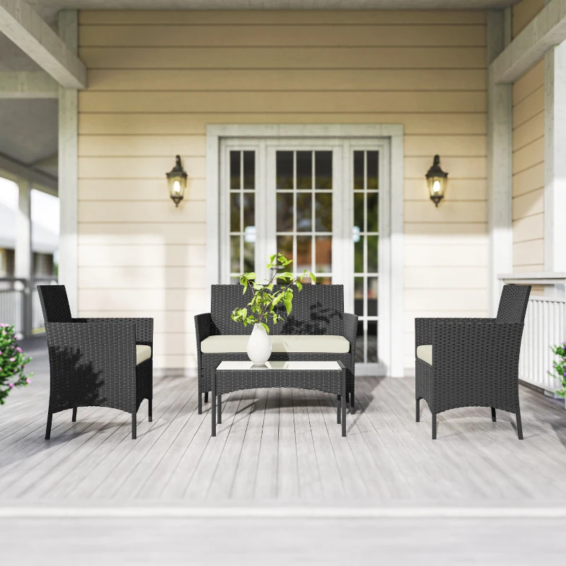 Outsunny 4 Piece Rattan Garden Furniture Sofa Set with Loveseat, Armchairs, Glass-Top Coffee Table and Cushions, Cream White
