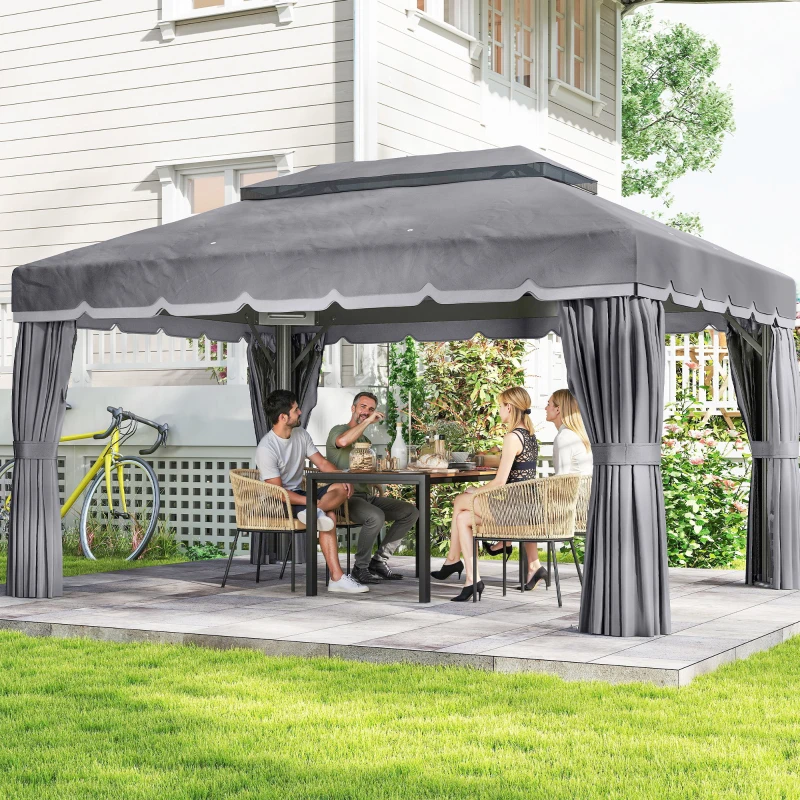 Outsunny Cenador de Jardín 4x3m Pabellón de Jardín Gazebo con Doble Techo 4 Cortinas y Mosquitera Marco de Aluminio UPF50+ Gris