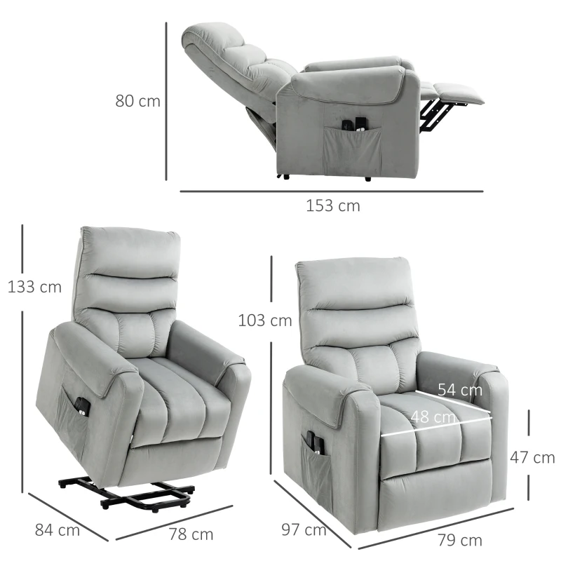 HOMCOM Sillón Relax Reclinable Eléctrico Levanta Personas, Sillón Elevador con 8 Puntos de Masaje, 2 Controles Remotos, Reposapiés, Tapizado en Pana, Acolchado Grueso, Bolsillo Lateral, Gris