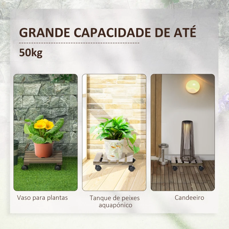 Outsunny Conjunto de 2 Suportes de Madeira com Rodas para Plantas Vasos de Interior e Exterior Carga 50 kg Castanho Escuro