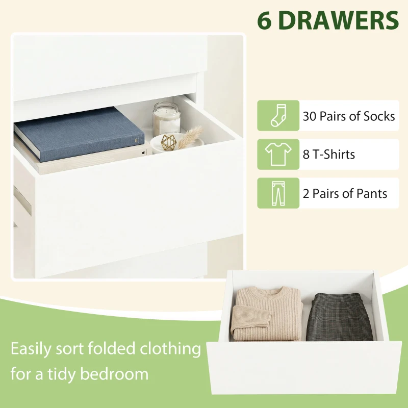 HOMCOM Chest of Drawers High Gloss Finish 6 Drawer Dresser Space Saving Slim Design Handle Free Drawers High-Gloss White