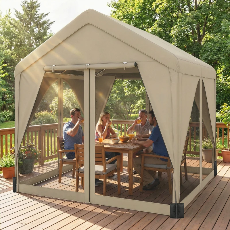 Outsunny 3 x 3 m Patio Gazebo with Netting & Curtains, Outdoor Canopy Shelter with Galvanised Steel Frame, Khaki