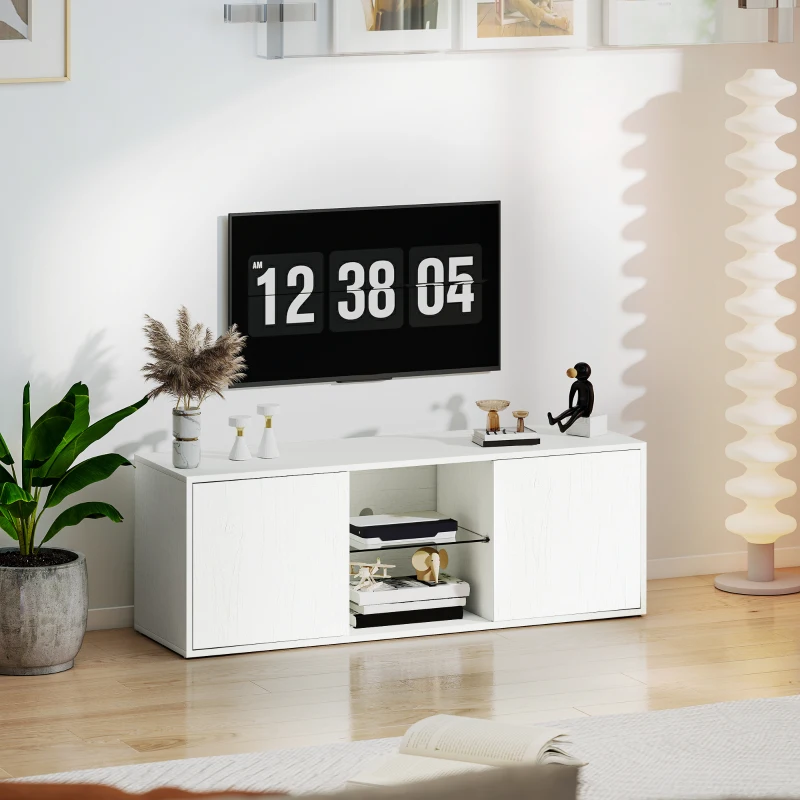 HOMCOM Mobilier TV pentru televizoare de până la 55", Suspendat sau pe Podea, Uși Soft Close, Gaura pentru Cabluri și Raft din Sticlă, Alb