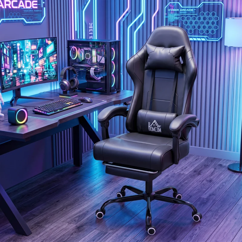 HOMCOM Chaise gaming ergonomique, fauteuil gamer avec support lombaire massant, dossier inclinable, hauteur réglable, noir