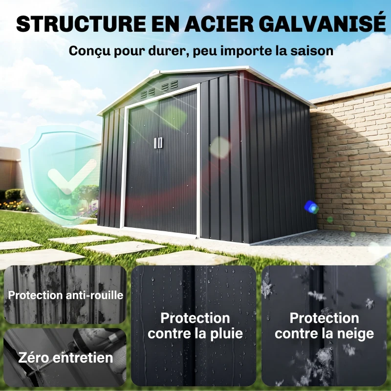 Outsunny Abri de jardin en métal 2,42 m² cabane de jardin 213 x 130 x 185 cm avec fondation, porte coulissante gris foncé