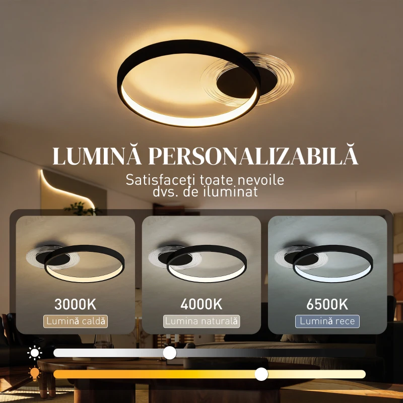 HOMCOM Plafonieră LED Modernă cu 2 Inele, Temperatură de Culoare Reglabilă, Putere 30W, Negru