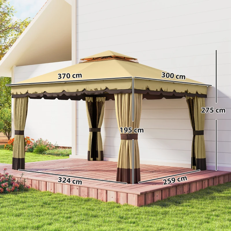Outsunny Cenador de Jardín 3,7x3 m con Doble Techo 4 Cortinas y Mosquitera Marco de Acero Orificios de Drenaje  UV30+ Beige