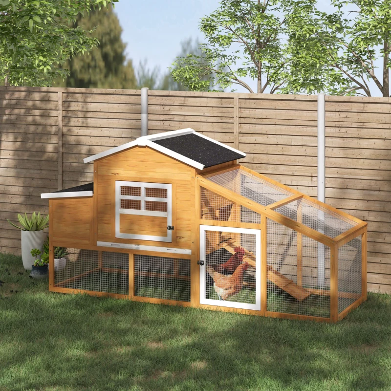 PawHut Pollaio per Galline Ovaiole da Esterno con Zona di Corsa, Pollaio per Galline da Esterno con Zona di Nidificazione e Vassoio Estraibile da Giardino in Legno, 200x80x105 cm