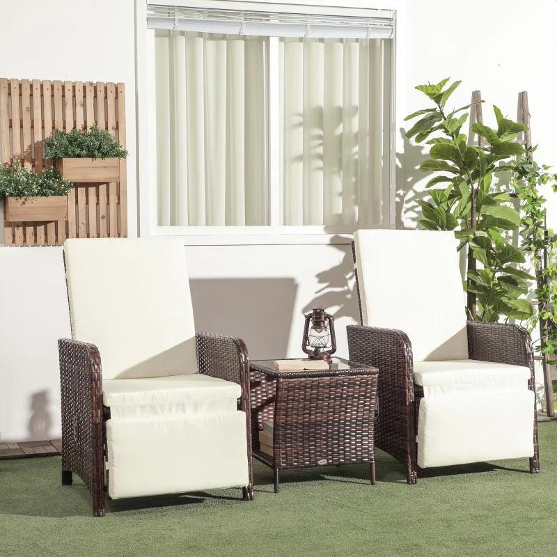 Outsunny 3 Pieces Rattan Bistro Set Balcony Furniture with Cushions, Storage Function - Cream White