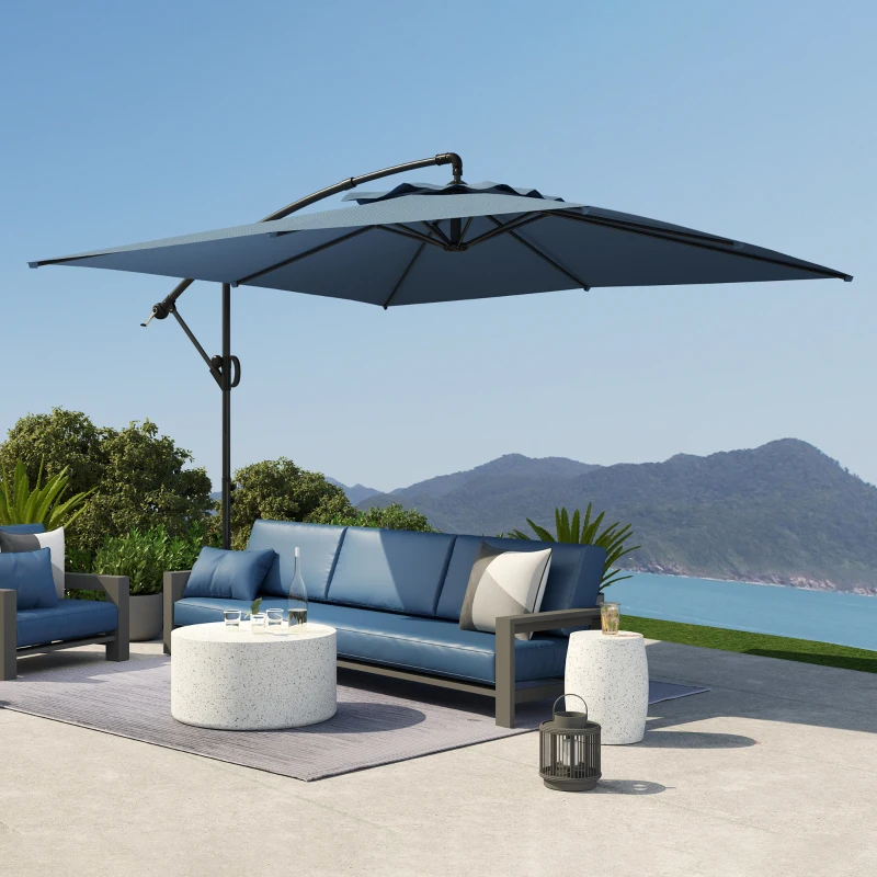 Outsunny Ombrellone Decentrato con Base e Croce, Prese d'Aria e Manovella, in Metallo e Poliestere, 3x3.25 m, Blu