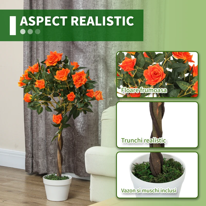 Outsunny Plantă artificială de trandafir cu 21 de flori, ghiveci umplut cu ciment și mușchi, Ø18x90 cm, portocalie