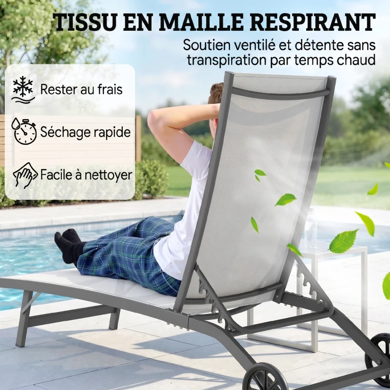Outsunny Lot de 2 bains de soleil en aluminium et textilène avec roulettes dossier inclinable charge max. 150 Kg crème